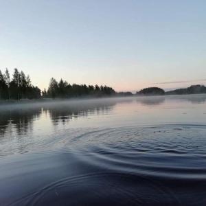 un cuerpo de agua con niebla en el agua en Mansikkaniemen Lomakeskus en Rantasalmi