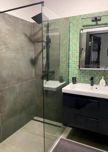 a bathroom with a sink and a glass shower at Project Comfort Apartament Klasyków 10A/7 Warszawa in Warsaw