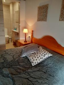 ein Schlafzimmer mit einem Bett mit zwei Kissen darauf in der Unterkunft Apartamento 372 Pueblo Evita in Arroyo de la Miel + 21 Fotos