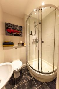 a bathroom with a shower and a toilet and a sink at Belfast Apartment in Belfast