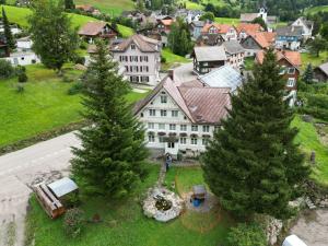 Schlafen im Sternen Ennetbühl في Nesslau: اطلالة جوية على بيت فيه شجرتين صنوبر