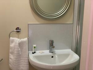 a bathroom with a white sink and a mirror at The Globe Inn in Penrith