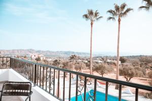 d'un balcon avec des palmiers et une piscine. dans l'établissement Finca Besito, à Alhaurín el Grande