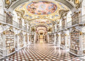 eine Bibliothek mit Bücherregalen und einem Gemälde an der Decke in der Unterkunft Hotel die Traube in Admont