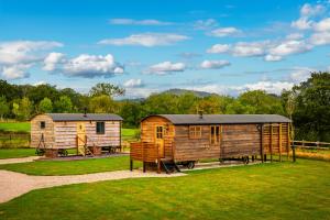 two small wooden buildings in a field with trees at Ashwood Shepherd Hut -Ockeridge Rural Retreats in Worcester