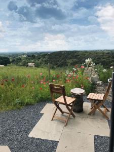 zwei Holzstühle und ein Tisch auf einem Blumenfeld in der Unterkunft Hilltop Hideaway - Secluded pod with private hot tub in Newry