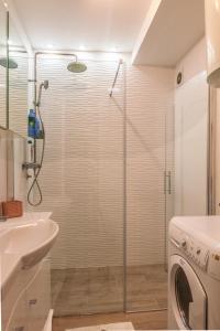 ein Bad mit einer Dusche und einer Waschmaschine in der Unterkunft Apartman Jana in Bijeljina