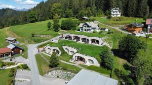 an aerial view of a house with a green yard at Himmelsbögen und Apartments mit Seeblick und Alleinlage in Weissensee