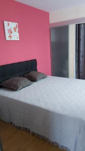 een slaapkamer met een groot bed met een roze muur bij Maison MICDEN in Saint-Jean-Pla-de-Corts