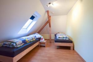 een kamer met 2 bedden en een dakraam bij Premium Style in Günzburg