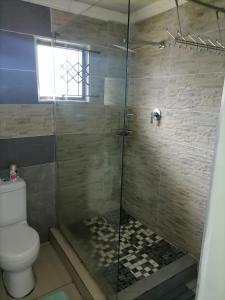 a bathroom with a glass shower with a toilet at Queens And Kings Lodge in Durban