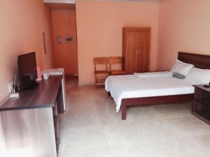 a hotel room with two beds and a television at Prosperous Guest House in Opuwo