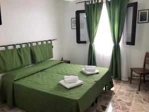 a bedroom with a green bed with two dishes on it at U Puzzu Ranne in Buseto Palizzolo