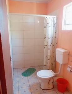 a bathroom with a toilet and a shower curtain at Prosperous Guest House in Opuwo