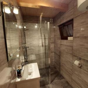 a bathroom with a sink and a glass shower at Domek Pod Tylką in Grywałd