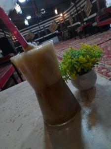 a wooden spoon sitting on a table next to a plant at Farmer stay hostel in Wadi Musa