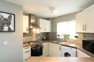 a kitchen with a dog picture on the wall at Wyllie Mews in Burton upon Trent
