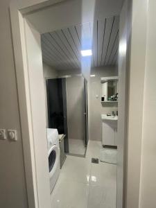 a bathroom with a washing machine and a washer at Apartment Lazar in Skopje