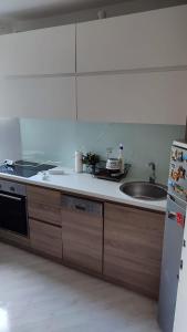 cocina con fregadero y encimera en Nice apartment in New Belgrade with free parking, en Belgrado
