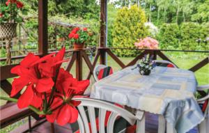 a table and chairs with red flowers on a porch at Gorgeous Home In Gietrzwald With Kitchen in Kręsk