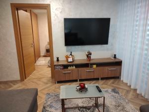 uma sala de estar com uma televisão de ecrã plano na parede em Decebal Premium Confort em Craiova