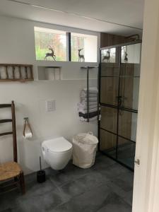 a bathroom with a toilet and a glass shower at Het Slakkenhuisje in Maarn