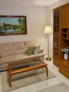 sala de estar con sofá y mesa de centro en Lovely & quiet 1-bedroom condo with free parking, en Bucarest