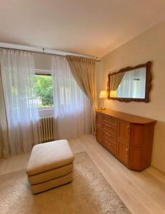 a living room with a dresser and a mirror at Lovely & quiet 1-bedroom condo with free parking in Bucharest