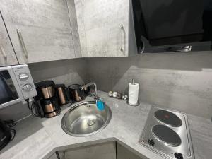 um balcão de cozinha com um lavatório e um micro-ondas em Elida 2 em Burgrieden