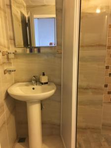 La salle de bains est pourvue d'un lavabo blanc et d'une douche. dans l'établissement Cozy Home in Ardino, à Ardino
