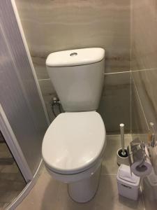 a bathroom with a white toilet in a stall at Cozy Home in Ardino in Ardino