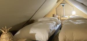2 białe łóżka w pokoju na poddaszu w obiekcie Ecolodge Beauregard w mieście Treigny