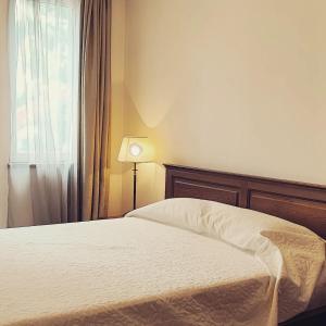 um quarto com uma cama, uma janela e um candeeiro em Pirin Golf Downtown em Razlog