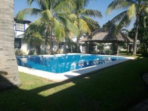 Casa en la zona de Acapulco diamante في La Sabana: مسبح فيه نخل امام مبنى