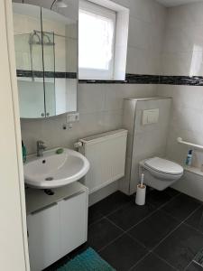 a white bathroom with a sink and a toilet at Die grüne Mitte in Pullenreuth