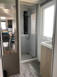 a bathroom with a shower and a sink and a window at La côte sauvage - MH climatisé 2018 - P30 - Le Portel in Le Portel +33 photos