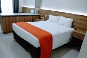 um quarto com uma cama grande e um lavatório em HOTEL LOS ROBLES em Nuevo Laredo