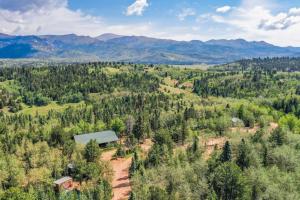 an aerial view of a house in the middle of a forest at NEW Lovable Mountain Tiny Home near Cripple Creek in Cripple Creek