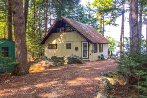 a small house in the middle of a forest at Lake Waukewan Chalet in Meredith
