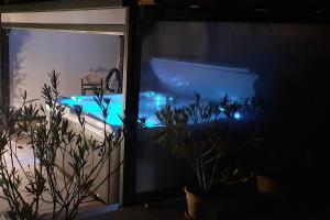 a view of a swimming pool from a window at La Villanelle maison d'hôtes in Pelousey