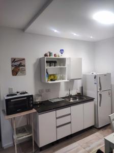 La cuisine est équipée de placards blancs, d'un évier et d'un réfrigérateur. dans l'établissement DEPARTAMENTO MONO AMBIENTE, à Reconquista