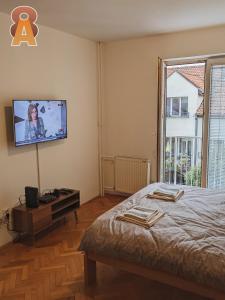 - une chambre avec un lit et une télévision murale dans l'établissement Apartman 8, à Valjevo