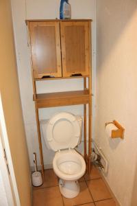a bathroom with a toilet with a wooden shelf above it at Appartement au départ des remontées mécaniques - Briançon in Briançon