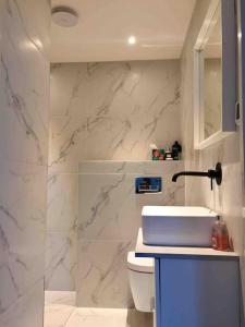 biała łazienka z toaletą i umywalką w obiekcie Massive 2 Bed flat+16 ft high ceiling+NR CURVE w mieście Leicester