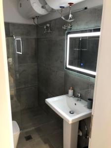 een badkamer met een wastafel en een douche bij Cozy GuestHome Korce in Korçë