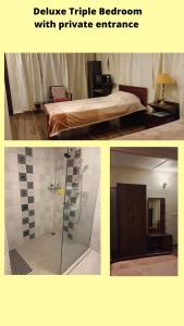 a collage of three pictures of a bedroom with private entrance at Montevideo Boutique Homestay in Shillong