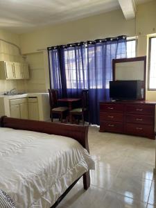 a bedroom with a bed and a tv and a kitchen at VBermor Hotel in Santo Domingo