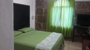 a bedroom with a green bed and a television at Hotel Raíz de Sierra in Matlapa