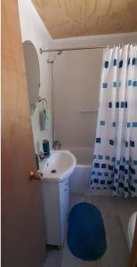 uma casa de banho com um lavatório, um espelho e um chuveiro em Saida Room Villarrica, arriendo habitaciones em Pucón
