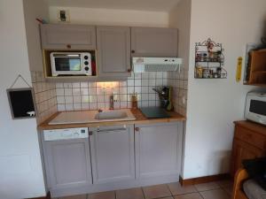 eine kleine Küche mit einer Spüle und einer Mikrowelle in der Unterkunft Appartement Beaufort, 2 pièces, 4 personnes - FR-1-342-287 in Beaufort